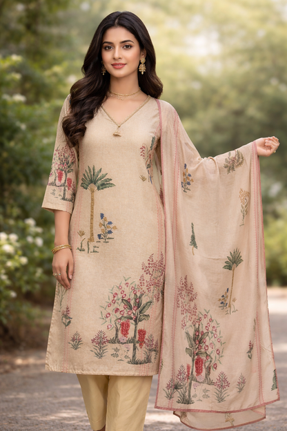 Chiku Botanical Print Cotton Kurta Pant Dupatta