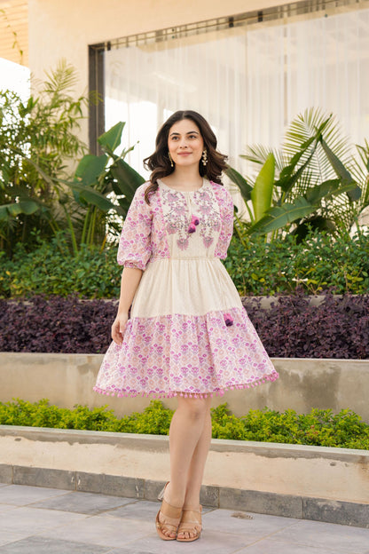 White Lavender Cotton Embroidered Short Dress