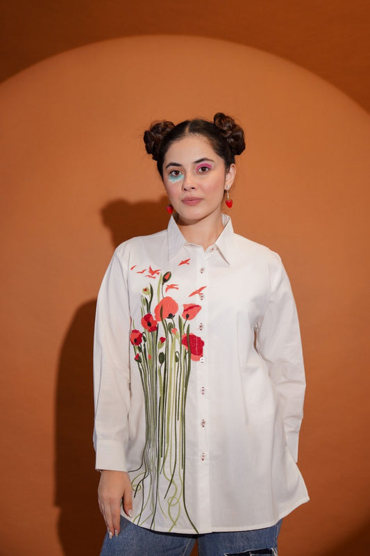White Daisy Bloom Red Embroidered Shirt