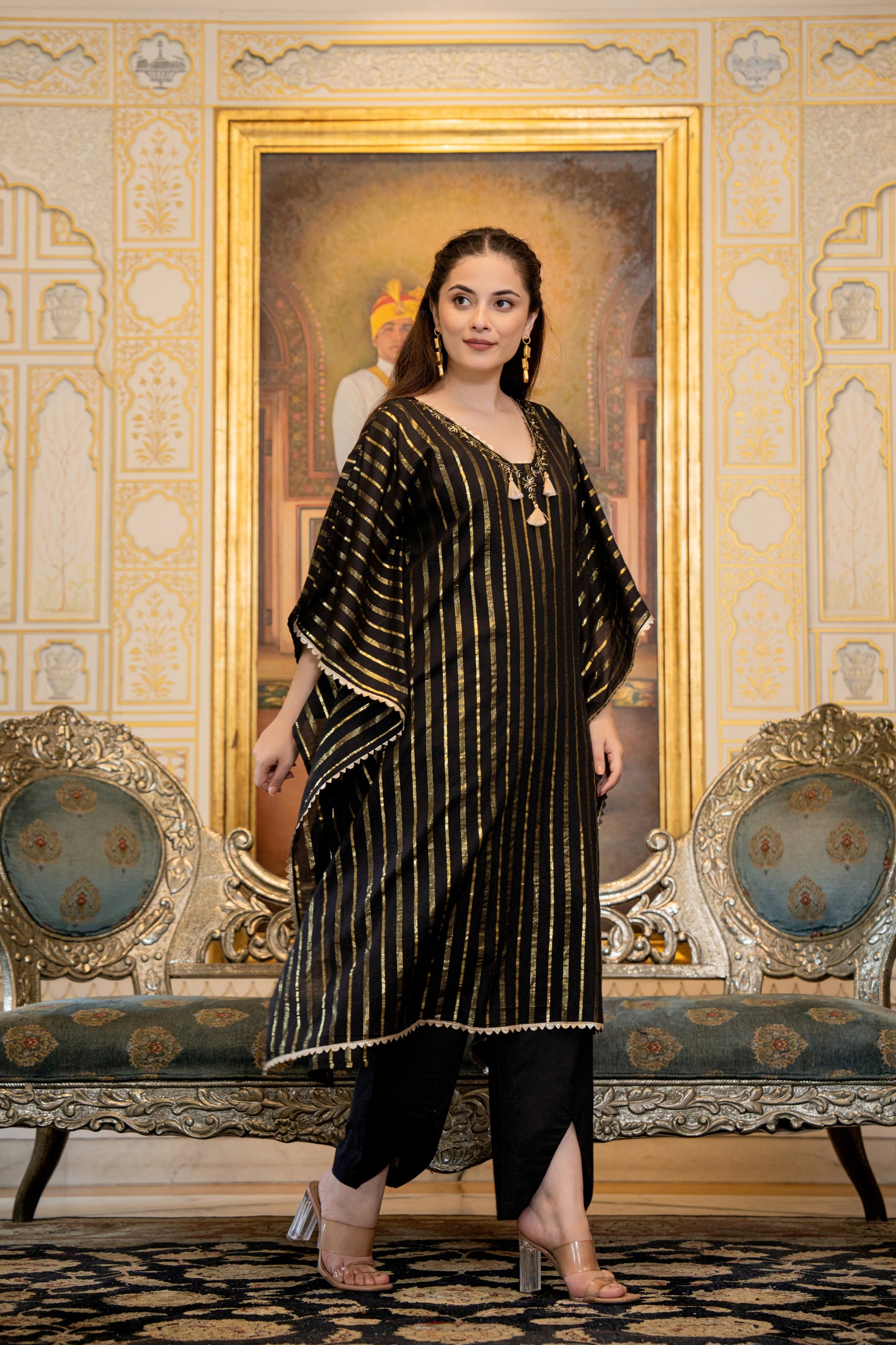 Black Kaftan Style Kurta Set with Tassels and Embroidery