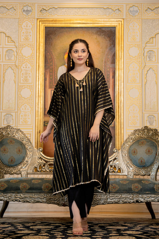 Black Kaftan Style Kurta Set with Tassels and Embroidery