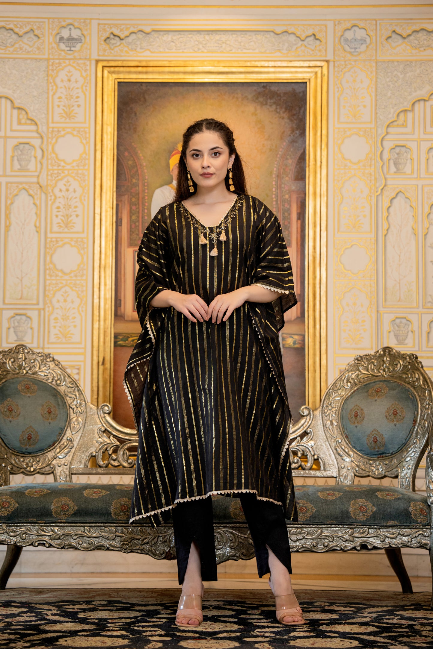 Black Kaftan Style Kurta Set with Tassels and Embroidery