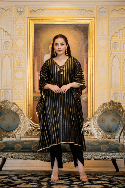 Black Kaftan Style Kurta Set with Tassels and Embroidery
