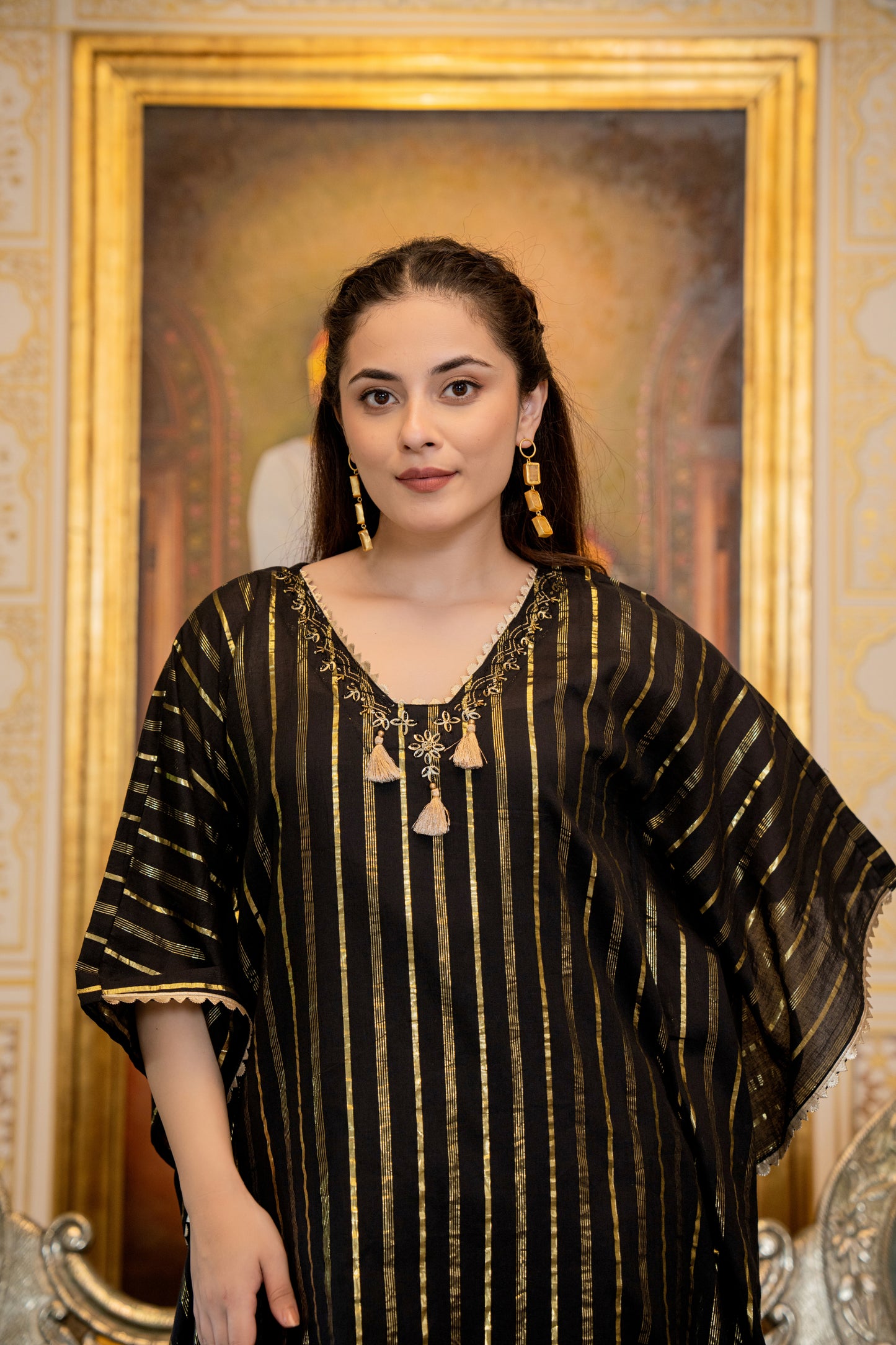 Black Kaftan Style Kurta Set with Tassels and Embroidery