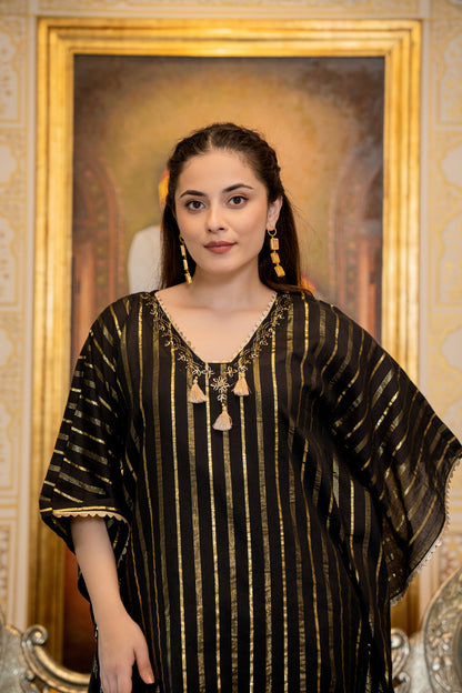 Black Kaftan Style Kurta Set with Tassels and Embroidery