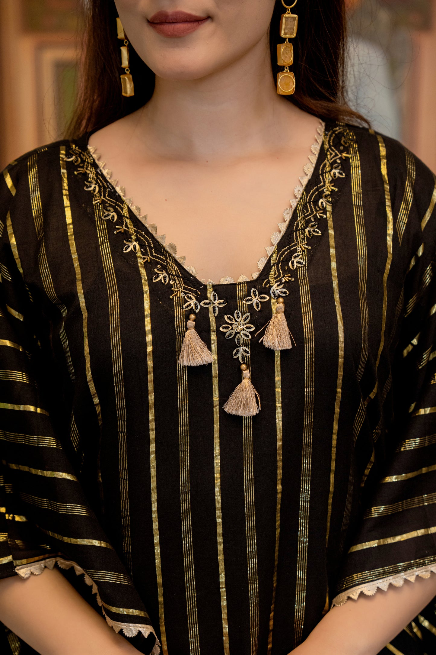 Black Kaftan Style Kurta Set with Tassels and Embroidery