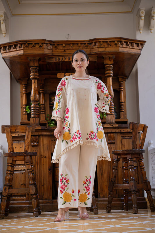 White Multicoloured Embroidery Co-Ord set