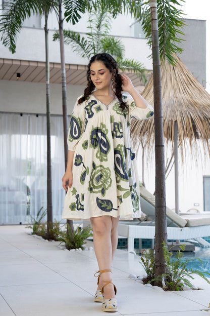 Green and Blue Cotton Embroidered Short Dress