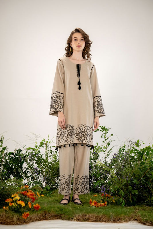 Elegant Beige Floral Embroidered Co-Ord Set