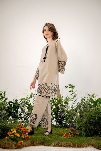 Elegant Beige Floral Embroidered Co-Ord Set
