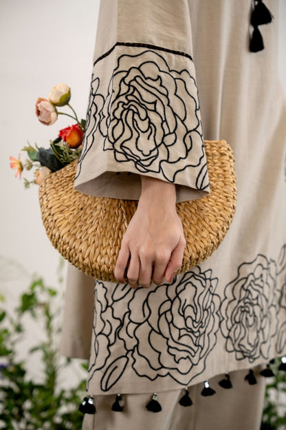 Elegant Beige Floral Embroidered Co-Ord Set