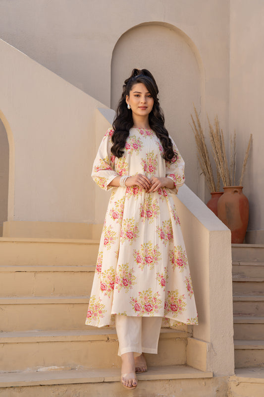 Caramal Floral Cotton Kurta Pant Set