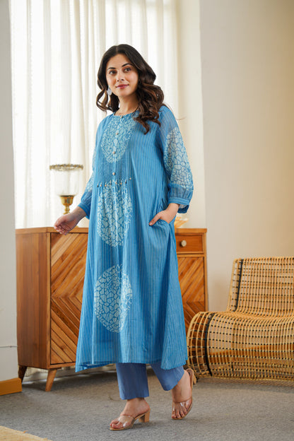 Blue Printed A Line Kurta Pant
