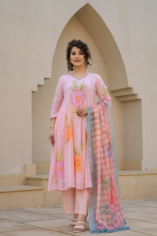 Baby Pink Hand Painted Anarkali Kurta Pant with Kota Doria Dupatta