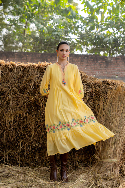 Sunshine Bloom Yellow Embroidered Midi Dress