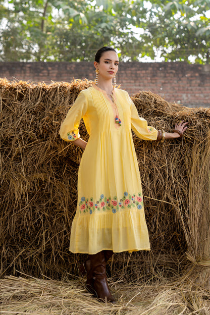 Sunshine Bloom Yellow Embroidered Midi Dress