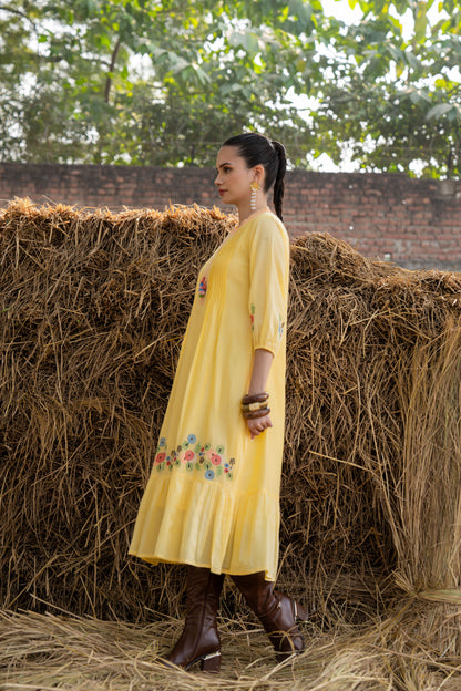 Sunshine Bloom Yellow Embroidered Midi Dress