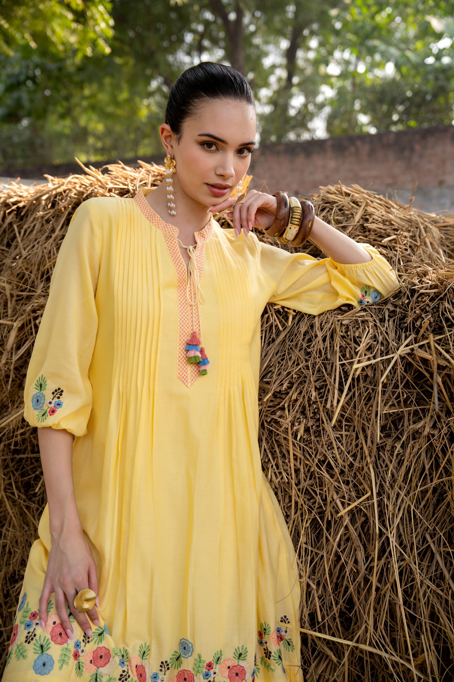 Sunshine Bloom Yellow Embroidered Midi Dress