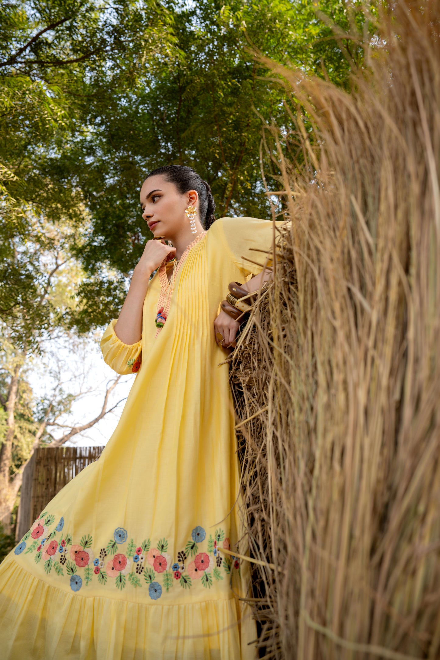 Sunshine Bloom Yellow Embroidered Midi Dress