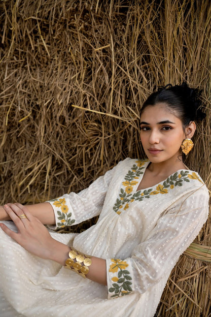 White Cotton Dobby Embroidery Kurta Pant Set