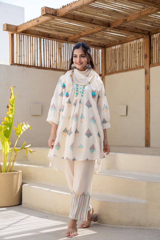 Pastel Geometric Printed A-Line Kurta Set With Embroidered Detailing and Dupatta