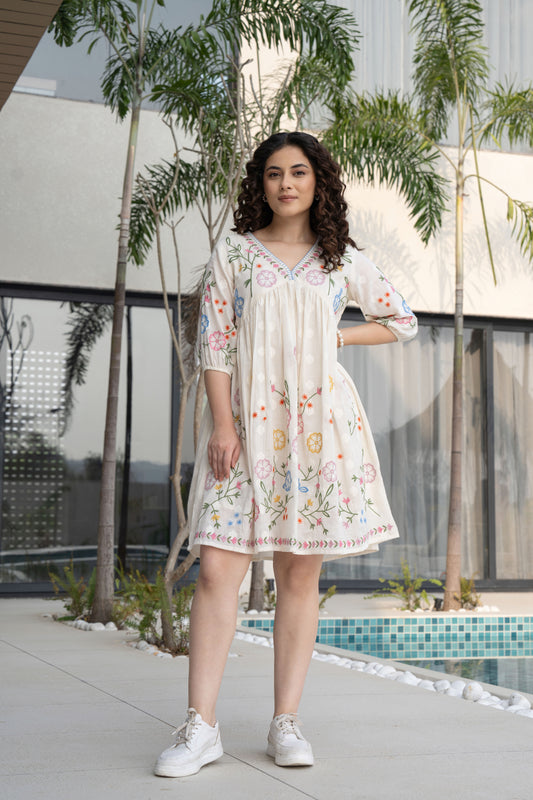 White Cotton Multicoloured Embroidered Short Dress