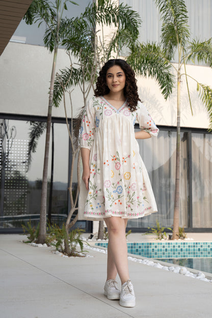 White Cotton Multicoloured Embroidered Short Dress