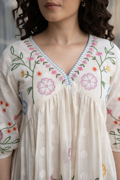 White Cotton Multicoloured Embroidered Short Dress