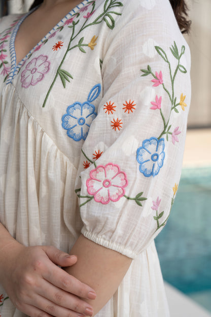 White Cotton Multicoloured Embroidered Short Dress