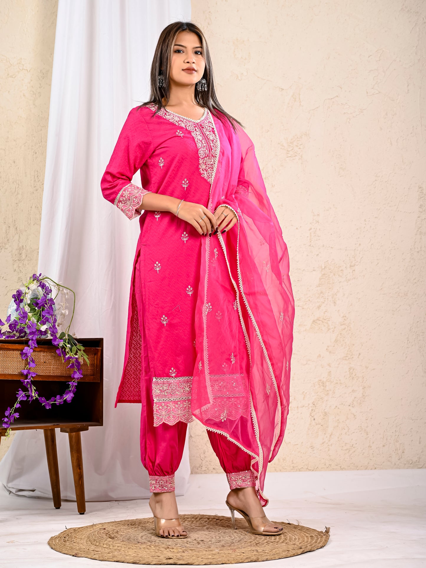 Stylish deep pink cotton kurta set casual wear