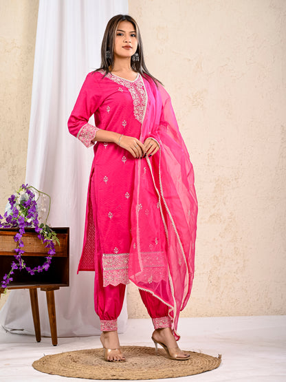 Stylish deep pink cotton kurta set casual wear