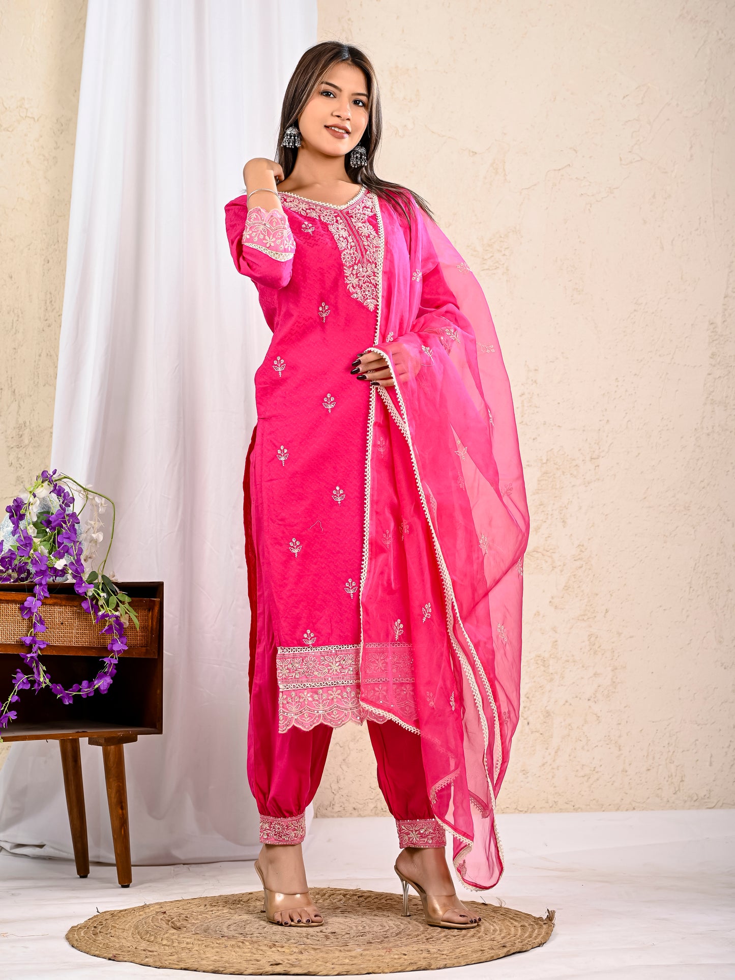 Deep pink cotton kurta pant dupatta daily wear outfit
