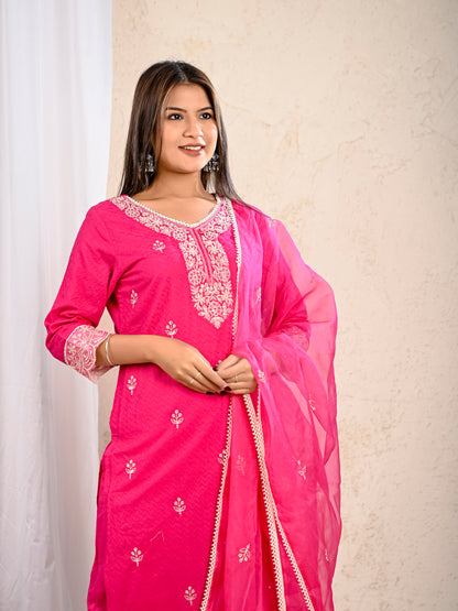 Elegant deep pink cotton kurta pant dupatta outfit