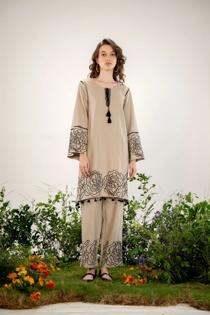 Elegant beige floral embroidered co-ord set