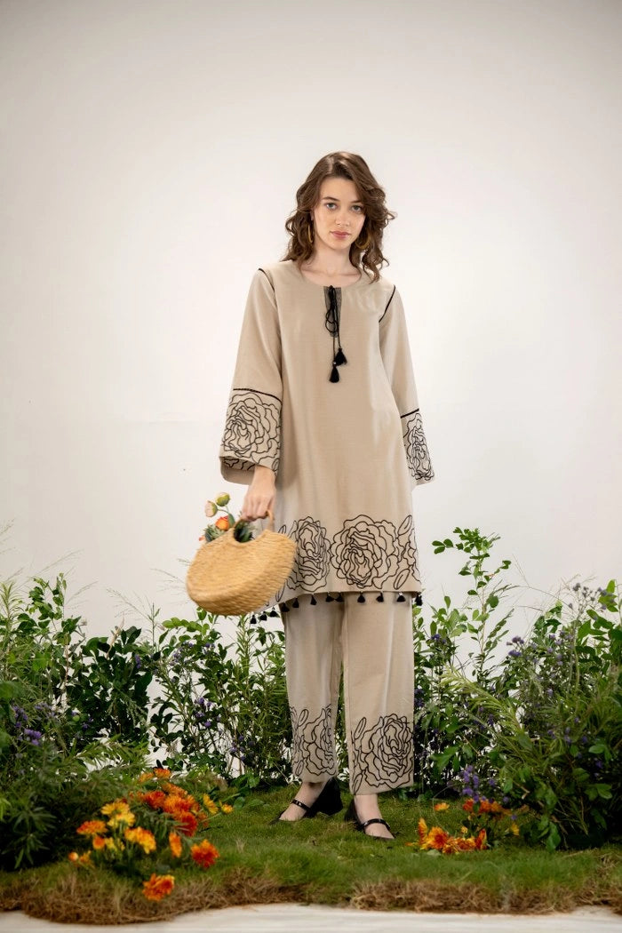 Buy Elegant Beige Floral Embroidered Co-ord Set Online | Shreenaya