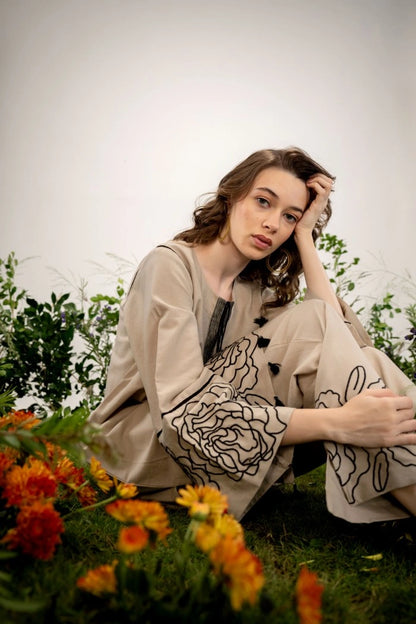Beige Floral Embroidered Co-ord Set – Casual & Festive Women’s Wear