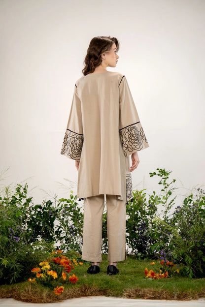 Shreenaya Elegant beige floral embroidered co-ord set