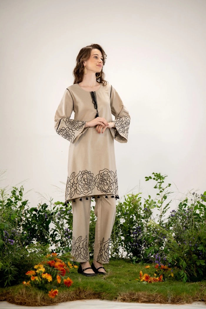 Shreenaya Beige floral embroidered co-ord set outfit full look
