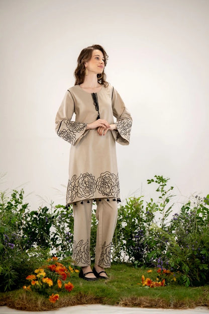 Shreenaya Beige floral embroidered co-ord set outfit full look