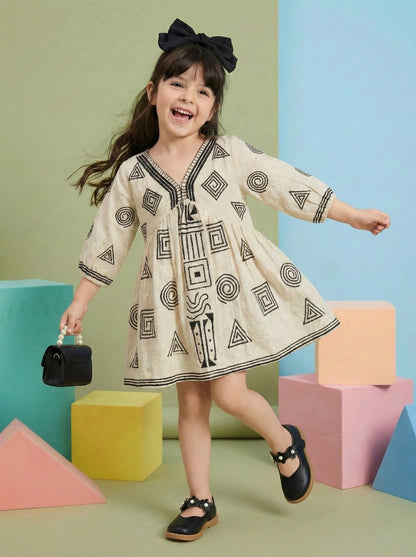 Girls Beige Ethnic Geometric Print Cotton Frock
