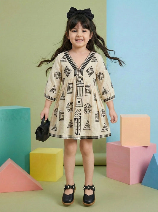 Girls Beige Ethnic Geometric Print Cotton Frock