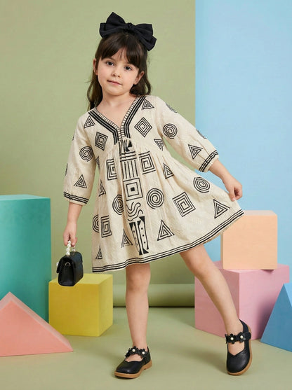 Girls Beige Ethnic Geometric Print Cotton Frock