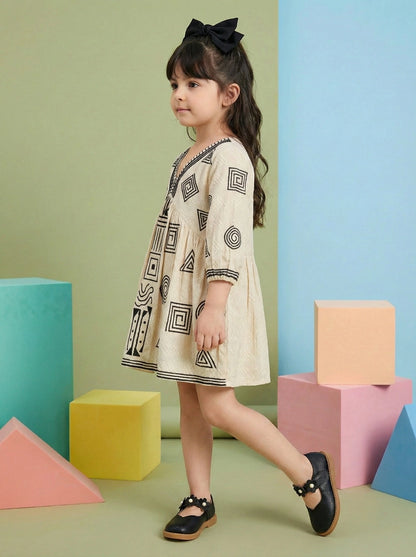 Girls Beige Ethnic Geometric Print Cotton Frock