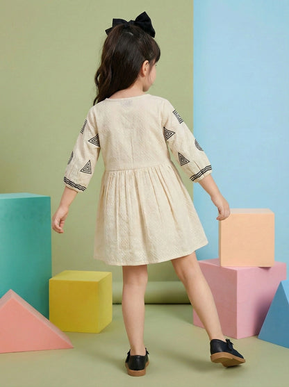 Girls Beige Ethnic Geometric Print Cotton Frock