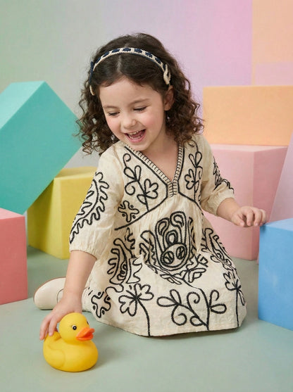 Girls Beige Floral Black Embroidered Ethnic Cotton Frock