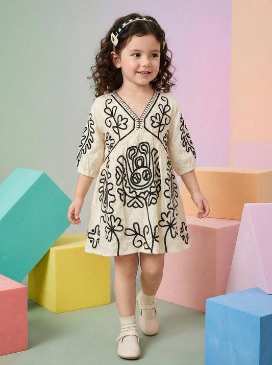 Girls Beige Floral Black Embroidered Ethnic Cotton Frock