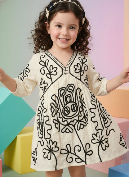 Girls Beige Floral Black Embroidered Ethnic Cotton Frock
