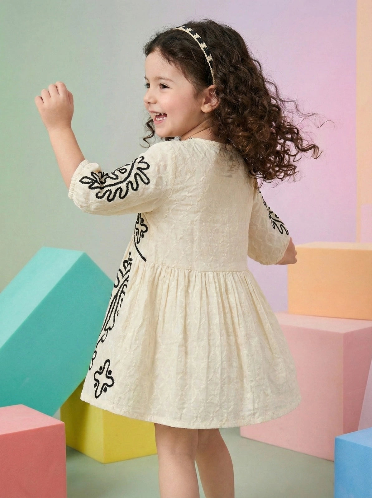 Girls Beige Floral Black Embroidered Ethnic Cotton Frock