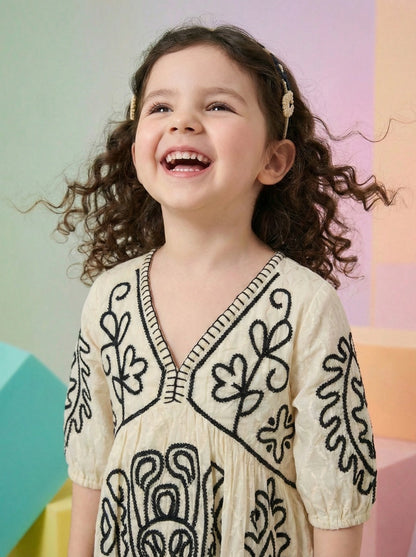 Girls Beige Floral Black Embroidered Ethnic Cotton Frock
