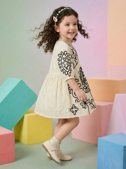 Girls Beige Floral Black Embroidered Ethnic Cotton Frock